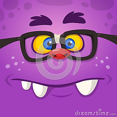 Funny cartoon monster face with eyeglasses. Vector Halloween monster square avatar. Vector Illustration