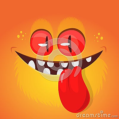 Funny cartoon monster face showing tongue. Vector Halloween orange monster avatar Vector Illustration