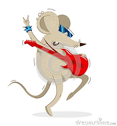 Funny cartoon mouse plays electric guitar like a rock star vector illustration, music hobby theme. Vector Illustration