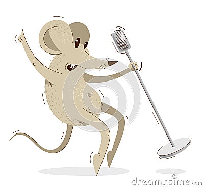 Funny cartoon mouse singing with microphone like a rock or pop star vector illustration, music karaoke hobby theme, humorous rat Vector Illustration