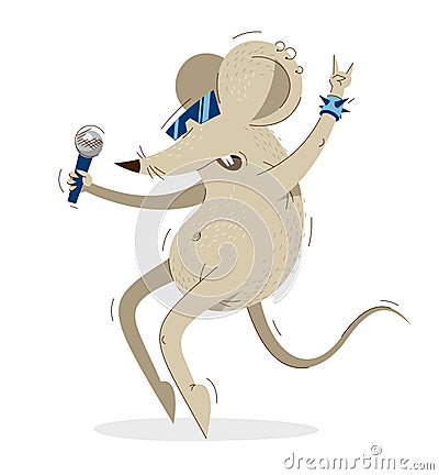 Funny cartoon mouse singing with microphone like a rock or pop star vector illustration, music karaoke hobby theme, humorous rat Vector Illustration