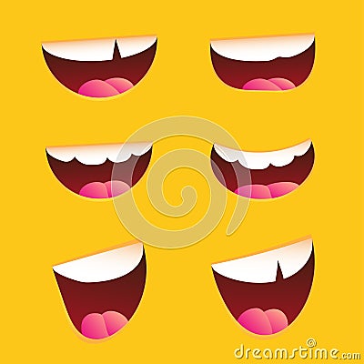Funny Cartoon mouths set with different expressions on yellow background. Smile with teeth, tongue, surprised Vector Illustration