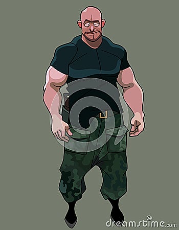 Funny cartoon muscular brutal man in military clothes Vector Illustration