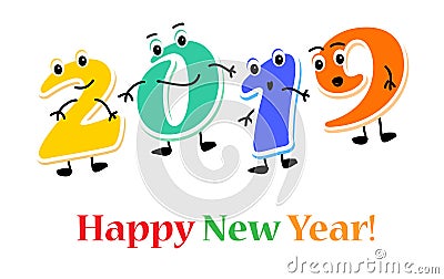 Funny cartoon numbers Characters 2019 year. Happy new year card. Vector Illustration