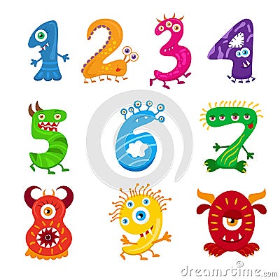 Funny cartoon numbers monster set. Collection isolated fantasy numerals for kids learning counting or mathematics. Vector Illustration