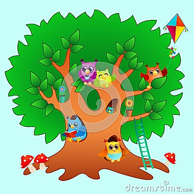 Funny cartoon owls family on big green tree Vector Illustration
