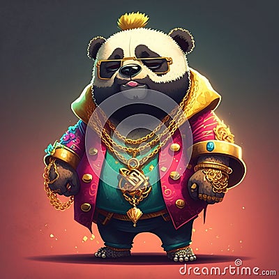 Funny cartoon panda animal blinged up with gold jewelry bling Stock Photo