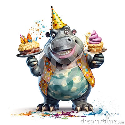 Funny cartoon party hippo with cakes isolated over white background. Colorful joyful greeting card for birthday or other festive Stock Photo