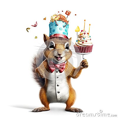 Funny cartoon party squirrel with sweet cakes isolated over white background. Colorful joyful greeting card for birthday or other Stock Photo
