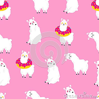 Funny cartoon pattern with cute llamas. Vector Doodle Illustration. Seamless wallpaper, background. Template for design Vector Illustration