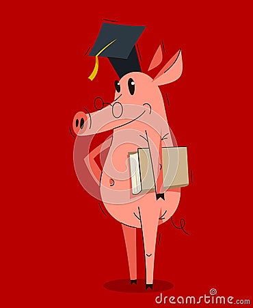 Funny cartoon pig wearing student hat and holding a book graduate student vector illustration, smart swine education theme Vector Illustration
