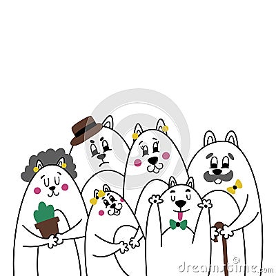 Funny cartoon portrait of a cat family. Happy mom, dad, daughter, son, grandma and grandpa Vector Illustration