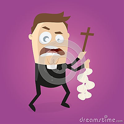 Funny cartoon priest is doing exorcism Vector Illustration