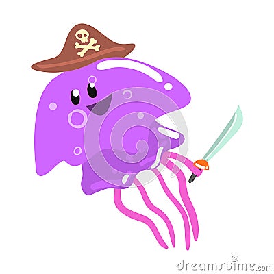 Funny cartoon purple jellyfish pirate in a hat holding a sword colorful character vector Illustration Vector Illustration