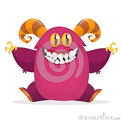 Funny cartoon purple monster sitting and waving. Vector Halloween illustration Vector Illustration