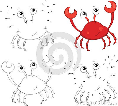 Funny cartoon red crab. Coloring book and dot to dot game for kids Vector Illustration