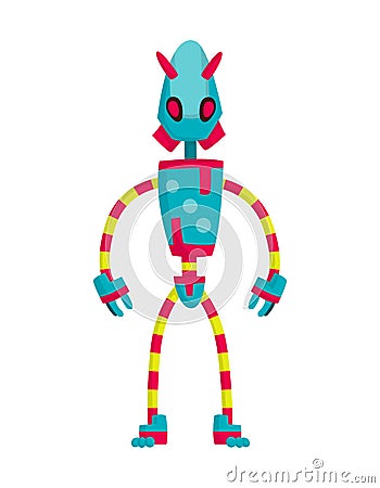 Funny cartoon robot. Cute retro robot. Robotic for children. Friendly android robot character with arms. Toy character Vector Illustration