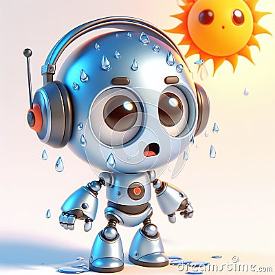 Funny cartoon of a robot sweating, very hot. Digital and technology team. AI generated Stock Photo