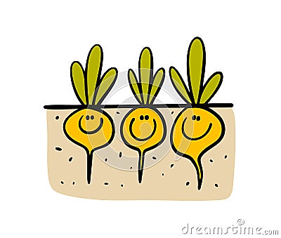 Funny cartoon root vegetables with human face grow in the ground . Vector illustration of hand drawn vegetable garden in Vector Illustration