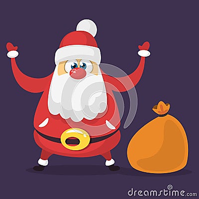 Funny cartoon Santa claus character with a brown bag with gifts. Vector Christmas illustration. Vector Illustration