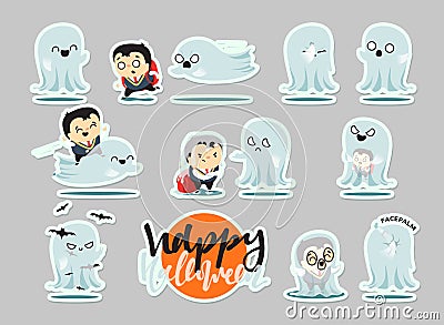 Funny cartoon schoolboy character and ghosts, Vector Illustration