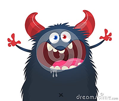 Funny cartoon smiling monster character pop up and waving hands. Illustration of happy alien. Halloween party design. Vector Vector Illustration