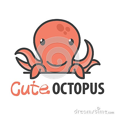 Funny cartoon seafood shop mascot. Vector Logo of Happy cute curious octopus or devilfish Vector Illustration