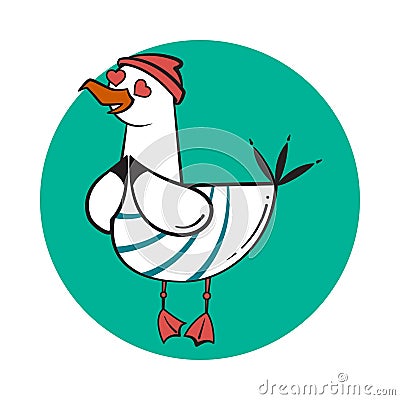 Funny cartoon seagull, in love. Vector Illustration