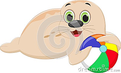 Funny cartoon seal playing a colorful ball Vector Illustration