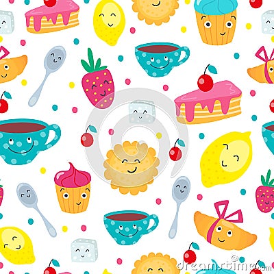 Funny cartoon seamless pattern with sweets and tea cup with faces and emotions for kids. Cute mugs and cakes emojis with Vector Illustration