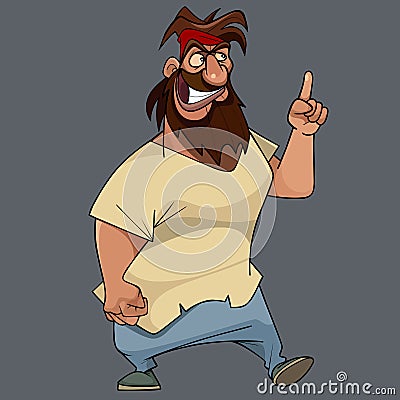 Cartoon shaggy bearded man points his index finger up Vector Illustration