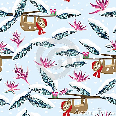 Funny cartoon sloth gift box snowy tropical seamless pattern blu Vector Illustration