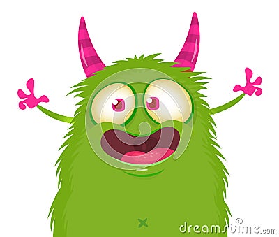 Funny cartoon smiling monster character pop up and waving hands. Illustration of happy alien. Halloween party design. Vector Vector Illustration