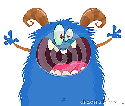 Funny cartoon smiling monster character pop up and waving hands. Illustration of happy alien. Halloween party design. Vector Vector Illustration