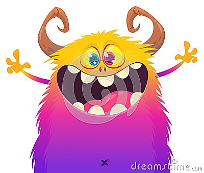 Funny cartoon smiling monster character pop up and waving hands. Illustration of happy alien. Halloween party design. Vector Vector Illustration