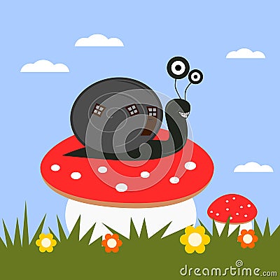 Funny cartoon snail on a toadstool Vector Illustration