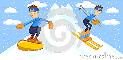 Funny cartoon snowboarder and skier,vector Vector Illustration