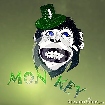 Funny cartoon space monkey in a green hat Stock Photo