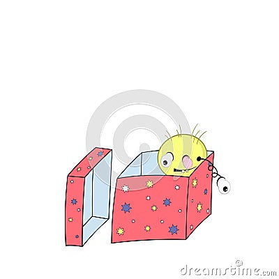 Funny cartoon spring - with head, eyes and mouth, looks out of a gift box and one eye falls off Stock Photo