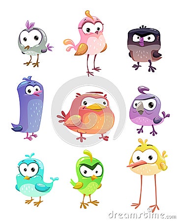 Funny cartoon standing birds set Vector Illustration