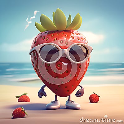 Funny cartoon strawberry wearing sunglasses on the beach. Cool strawberry cartoon character in sun glasses emoticon mascot, summer Stock Photo