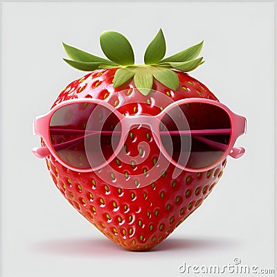 Funny cartoon strawberry wearing sunglasses isolated on white background. Cool strawberry cartoon character in sun glasses Stock Photo