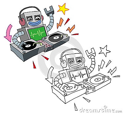 Funny Cartoon style deejay robot playing turntables Vector Illustration