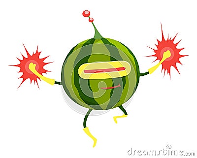 Funny cartoon superhero watermelon character, humanized fruit sticker or poster. Flying hero. Healthy vegan and Vector Illustration