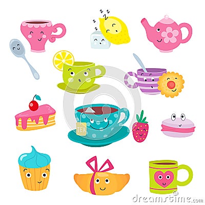 Funny cartoon tea cups faces with emotions. Cute mugs and sweets emojis. Teacups and teapot, cake and macaroon with Vector Illustration