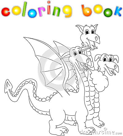 Funny cartoon three headed dragon. Coloring book for kids Vector Illustration