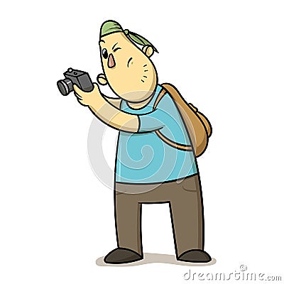 Funny cartoon tourist taking pictures. Backpacker with a photocamera. Flat vector illustration isolated on white Vector Illustration