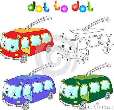 Funny cartoon trolleybus. Connect dots and get image. Educationa Vector Illustration