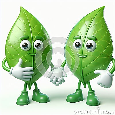 Funny cartoon of two green leaves holding hands. Preservation of the planet. Tree world Day. AI generated Stock Photo