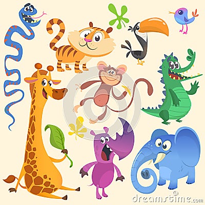 Funny cartoon vector illustrations of crocodile, giraffe, monkey chimpanzee, toucan, rhino, elephant, bluebird, snake, tiger Vector Illustration